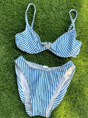 Vintage 80s Barefoot Miss High Cut Waist Blue Striped  Rayon Bikini size 5/6